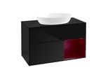 Villeroy und Boch Finion Waschtischunterschrank FA22HBPH 100cm, Abdeckplatte black matt, Regale Peony matt lacquer, Glossy Black Lacquer