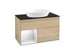 Villeroy und Boch Finion Waschtischunterschrank GA12MTPC 100cm, Abdeckplatte black matt, Emotion, Regale White matt lacquer, Oak Veneer