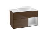 Villeroy und Boch Finion Waschtischunterschrank GA21GJGN 100cm, Abdeckplatte white matt, Emotion, Regale Light grey matt lacquer, Walnut veneer