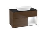Villeroy und Boch Finion Waschtischunterschrank GA22GFGN 100cm, Abdeckplatte black matt, Emotion, Regale Glossy white lacquer, Walnut veneer