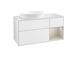 Villeroy und Boch Finion Waschtischunterschrank GA51HHGF 120cm, Abdeckplatte white matt, Emotion, Regale sand matt lacquer, Glossy white lacquer