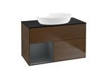 Villeroy und Boch Finion Waschtischunterschrank FA12HGGN 100cm, Abdeckplatte black matt, Regale Midnight matt lacquer, Walnut veneer