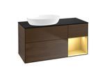 Villeroy und Boch Finion Waschtischunterschrank FA52HFGN 120cm, Abdeckplatte black matt, Regale Gold matt lacquer, Walnut veneer