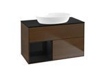 Villeroy und Boch Finion Waschtischunterschrank FA12PHGN 100cm, Abdeckplatte black matt, Regale Glossy black lacquer, Walnut veneer