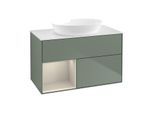 Villeroy und Boch Finion Waschtischunterschrank FA11HHGM 100cm, Abdeckplatte white matt, Regale sand matt lacquer, Olive Matt Lacquer