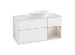 Villeroy und Boch Finion Waschtischunterschrank GA71HHGF 120cm, Abdeckplatte white matt, Emotion, Regale sand matt lacquer, Glossy white lacquer