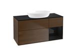 Villeroy und Boch Finion Waschtischunterschrank FA72PHGN 120cm, Abdeckplatte black matt, Regale Glossy black lacquer, Walnut veneer