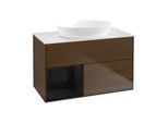 Villeroy und Boch Finion Waschtischunterschrank FA11PHGN 100cm, Abdeckplatte white matt, Regale Glossy black lacquer, Walnut veneer