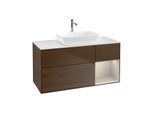 Villeroy und Boch Finion Waschtischunterschrank G831HHGN 120cm, Abdeckplatte white matt, Emotion, Regale sand matt lacquer, Walnut veneer