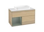 Villeroy und Boch Finion Waschtischunterschrank F651GMPC 100x60,3x50,1cm, Regal links Olive Matt Lacquer, Oak Veneer