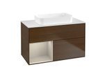 Villeroy und Boch Finion Waschtischunterschrank G651HHGN 100x60,3x50,1cm, Regal links Sand Matt Lacquer, Walnut veneer