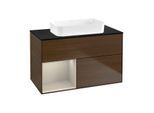 Villeroy und Boch Finion Waschtischunterschrank G652HHGN 100x60,3x50,1cm, Regal links Sand Matt Lacquer, Walnut veneer