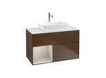 Villeroy und Boch Finion Waschtischunterschrank F771HHGN 100cm, Abdeckplatte white matt, Regale sand matt lacquer, Walnut veneer
