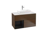 Villeroy und Boch Finion Waschtischunterschrank F771PHGN 100cm, Abdeckplatte white matt, Regale Glossy black lacquer, Walnut veneer