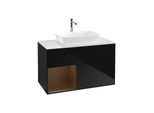 Villeroy und Boch Finion Waschtischunterschrank F771GNPH 100cm, Abdeckplatte white matt, Regale Walnut Veneer, Glossy Black Lacquer