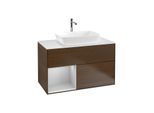 Villeroy und Boch Finion Waschtischunterschrank F771GJGN 100cm, Abdeckplatte white matt, Regale Light grey matt lacquer, Walnut veneer
