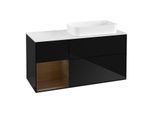 Villeroy und Boch Finion Waschtischunterschrank F681GNPH 120x60,3x50,1cm, Regal links Walnut veneer, Glossy Black Lacquer