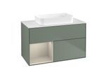 Villeroy und Boch Finion Waschtischunterschrank F651HHGM 100x60,3x50,1cm, Regal links Sand Matt Lacquer, Olive Matt Lacquer