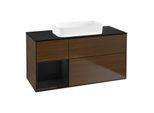 Villeroy und Boch Finion Waschtischunterschrank F702PHGN 120x60,3x50,1cm, Regal links Glossy Black Lacquer, Walnut veneer