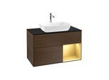 Villeroy und Boch Finion Waschtischunterschrank F782HFGN 100cm, Abdeckplatte black matt, Regale Gold matt lacquer, Walnut veneer