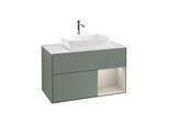 Villeroy und Boch Finion Waschtischunterschrank F781HHGM 100cm, Abdeckplatte white matt, Regale sand matt lacquer, Olive Matt Lacquer