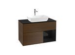 Villeroy und Boch Finion Waschtischunterschrank F782PHGN 100cm, Abdeckplatte black matt, Regale Glossy black lacquer, Walnut veneer