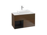 Villeroy und Boch Finion Waschtischunterschrank G771PHGN 100cm, Abdeckplatte white matt, Emotion, Regale Glossy black lacquer, Walnut veneer