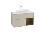 Villeroy und Boch Finion Waschtischunterschrank F781GNHH 100cm, Abdeckplatte white matt, Regale Walnut Veneer, Sand Matt Lacquer