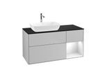 Villeroy und Boch Finion Waschtischunterschrank G812GFGJ 120cm, Abdeckplatte black matt, Emotion, Regale Glossy white lacquer, Light grey matt