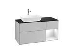 Villeroy und Boch Finion Waschtischunterschrank F812GFGJ 120cm, Abdeckplatte black matt, Regale Glossy white lacquer, Light grey matt