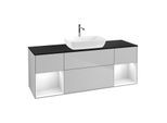 Villeroy und Boch Finion Waschtischunterschrank F862GFGJ 160cm, Abdeckplatte black matt, Regale Glossy white lacquer, Light grey matt