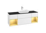 Villeroy und Boch Finion Waschtischunterschrank F862HFGF 160cm, Abdeckplatte black matt, Regale Gold matt lacquer, Glossy white lacquer