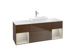 Villeroy und Boch Finion Waschtischunterschrank F861HHGN 160cm, Abdeckplatte white matt, Regale sand matt lacquer, Walnut veneer