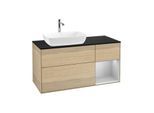 Villeroy und Boch Finion Waschtischunterschrank G812GJPC 120cm, Abdeckplatte black matt, Emotion, Regale Light grey matt lacquer, Oak Veneer