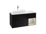 Villeroy und Boch Finion Waschtischunterschrank G811HHPH 120cm, Abdeckplatte white matt, Emotion, Regale sand matt lacquer, Glossy Black Lacquer