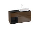 Villeroy und Boch Finion Waschtischunterschrank F802PHGN 120cm, Abdeckplatte black matt, Regale Glossy black lacquer, Walnut veneer