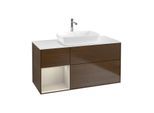 Villeroy und Boch Finion Waschtischunterschrank F821HHGN 120cm, Abdeckplatte white matt, Regale sand matt lacquer, Walnut veneer