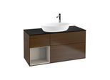 Villeroy und Boch Finion Waschtischunterschrank F942HHGN 120cm, Abdeckplatte black matt, Regale sand matt lacquer, Walnut veneer