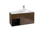 Villeroy und Boch Finion Waschtischunterschrank F941PHGN 120cm, Abdeckplatte white matt, Regale Glossy black lacquer, Walnut veneer