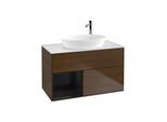 Villeroy und Boch Finion Waschtischunterschrank F891PHGN 100cm, Abdeckplatte white matt, Regale Glossy black lacquer, Walnut veneer