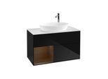 Villeroy und Boch Finion Waschtischunterschrank F891GNPH 100cm, Abdeckplatte white matt, Regale Walnut Veneer, Glossy Black Lacquer