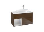 Villeroy und Boch Finion Waschtischunterschrank F891GJGN 100cm, Abdeckplatte white matt, Regale Light grey matt lacquer, Walnut veneer