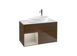 Villeroy und Boch Finion Waschtischunterschrank F891HHGN 100cm, Abdeckplatte white matt, Regale sand matt lacquer, Walnut veneer