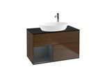 Villeroy und Boch Finion Waschtischunterschrank G892HGGN 100cm, Abdeckplatte black matt, Emotion, Regale Midnight matt lacquer, Walnut veneer