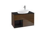 Villeroy und Boch Finion Waschtischunterschrank G892PHGN 100cm, Abdeckplatte black matt, Emotion, Regale Glossy black lacquer, Walnut veneer