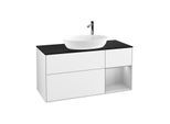 Villeroy und Boch Finion Waschtischunterschrank G952GJGF 120cm, Abdeckplatte black matt, Emotion, Regale Light grey matt lacquer, Glossy white lacquer