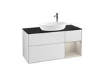 Villeroy und Boch Finion Waschtischunterschrank F952HHMT 120cm, Abdeckplatte black matt, Regale sand matt lacquer, White matt lacquer