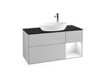Villeroy und Boch Finion Waschtischunterschrank F952GFGJ 120cm, Abdeckplatte black matt, Regale Glossy white lacquer, Light grey matt
