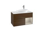 Villeroy und Boch Finion Waschtischunterschrank F901HHGN 100cm, Abdeckplatte white matt, Regale sand matt lacquer, Walnut veneer