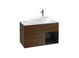 Villeroy und Boch Finion Waschtischunterschrank F901PHGN 100cm, Abdeckplatte white matt, Regale Glossy black lacquer, Walnut veneer